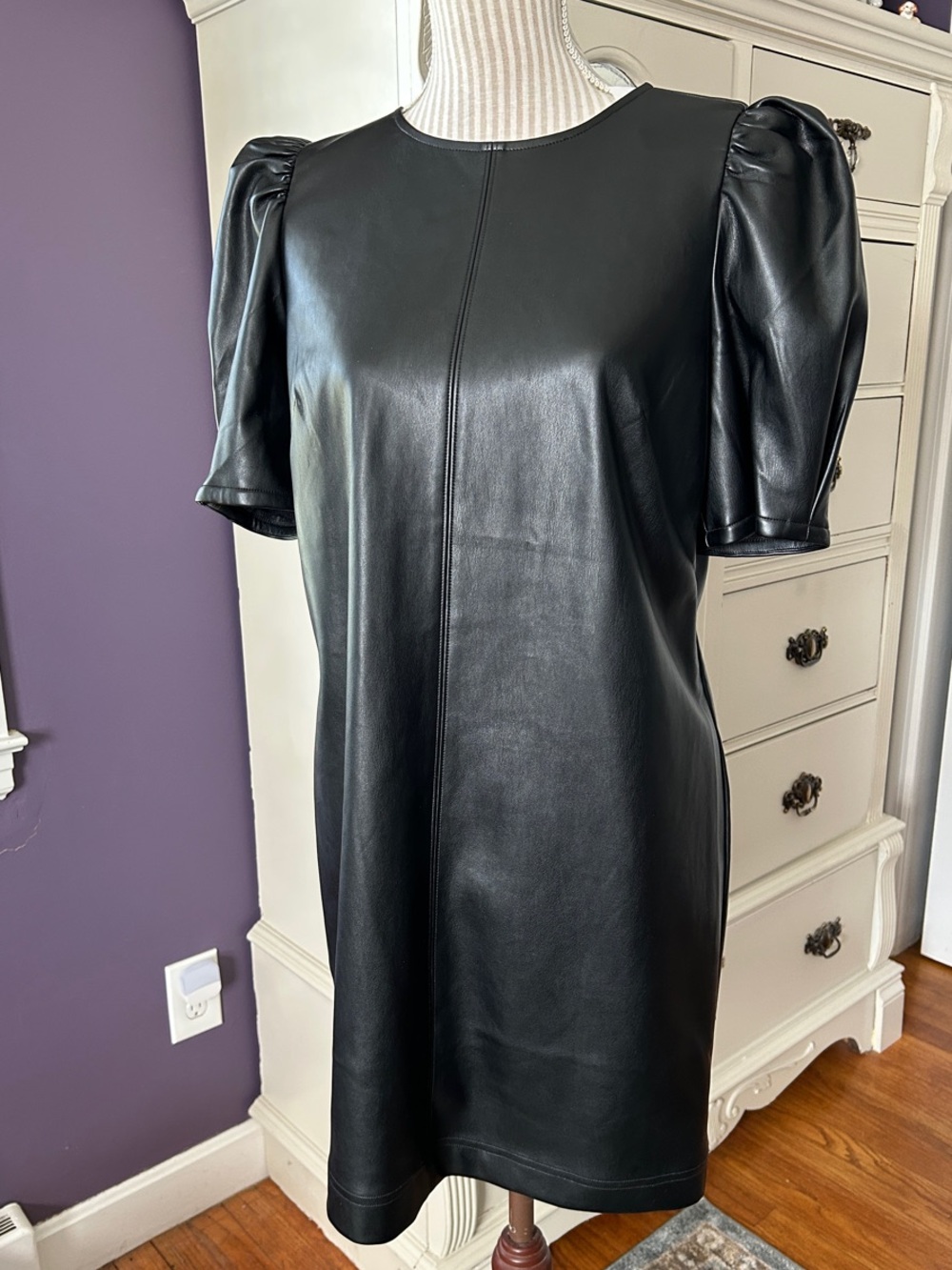 LOFT Black Faux Leather Puff-Sleeve Mini Dress